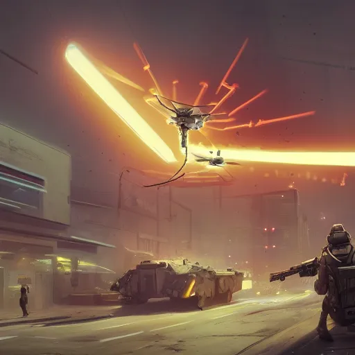 A soldier looks at a large drone hovering above an armored vehicle.