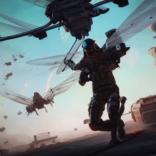 A soldier is front and center. Flying vehicles with dragonfly like wings appear behind them.