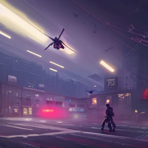 Some sort of tripod being walks down a street with a drone hovering above.