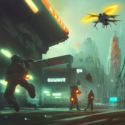 A solider jumps to the side. Two others walk in front a drone hovers above.