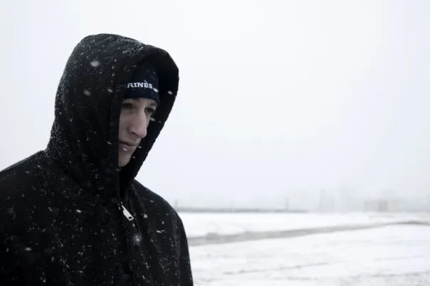 Jordan looks stoic in a hoodie in the snow.