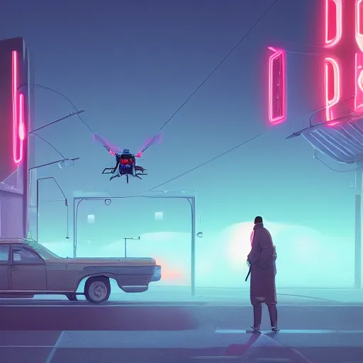 A person stands in the middle of the street watching a drone.