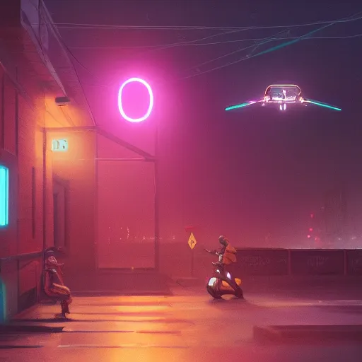 A drone hovers above a parking lot. One person leans against the wall, while the other is on some sort of futuristic scooter.