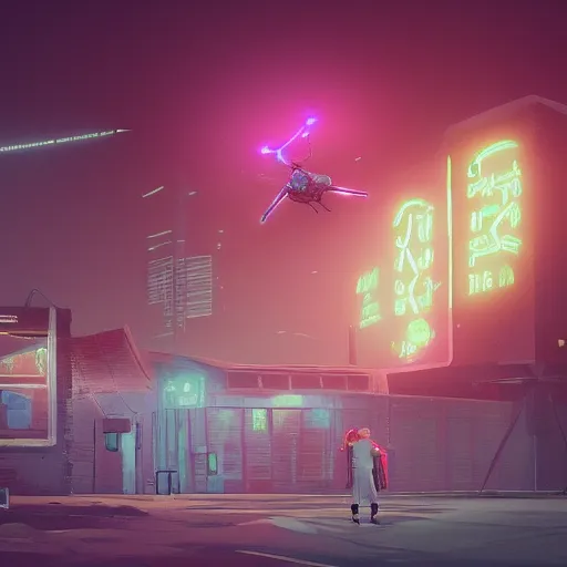 Drone hovers above a parking lot. A person watches. Neon characters glow orange on a building in the distance.