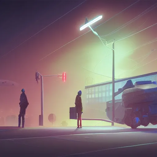 Two people stand under a light on a street at night.