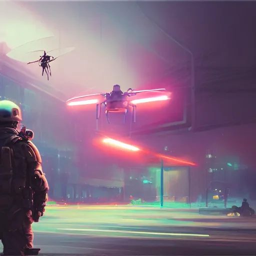A soldier with his back to the camera stares at a drone hovering in the middle of the street.