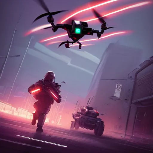 A soldier stares at a drone jumping at him.