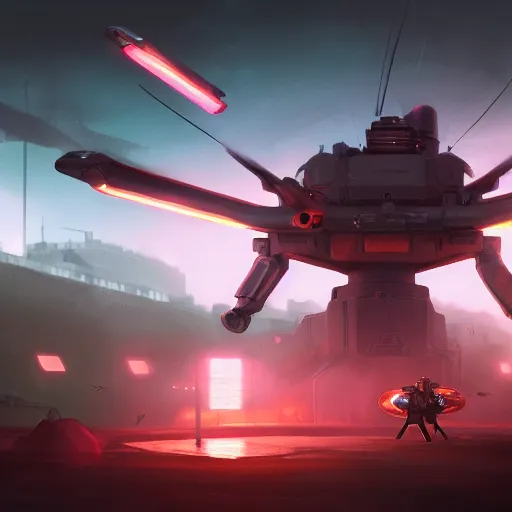 A small drone on the ground with a large one in the background.