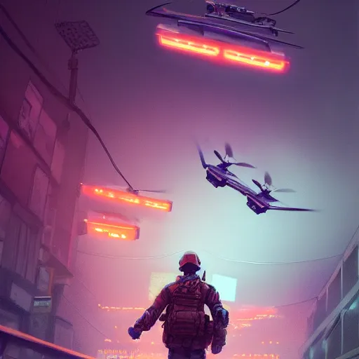 A soldier with his back to us. Staring up at a drone.