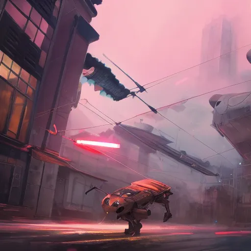 A four-legged bot runs along a street.