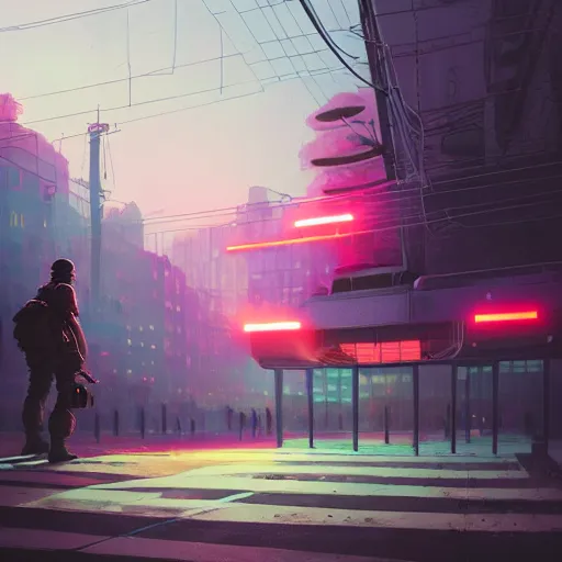 An oversized soldier looks a t a building.