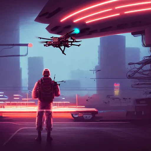 A drone hovers above a soldier.