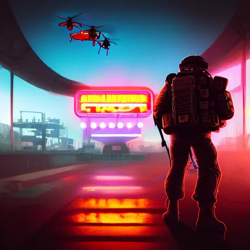 A soldier looks at a neon sign. A drone hovers above him.