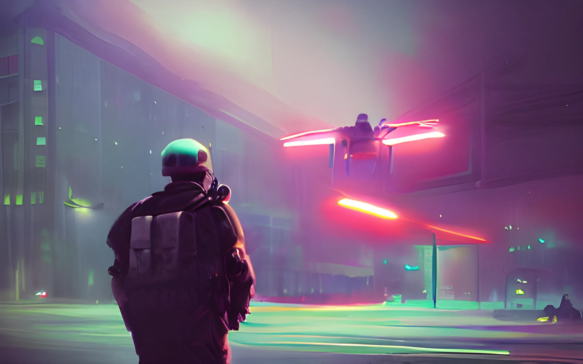 A soldier with his back to the camera stares at a drone hovering in the middle of the street.