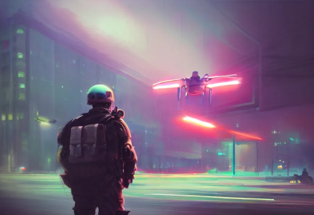 Outpainting final result: A soldier with his back to the camera stares at a drone hovering in the middle of the street.