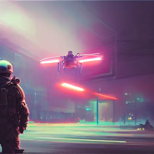 Inpainting final result: A soldier with his back to the camera stares at a drone hovering in the middle of the street.