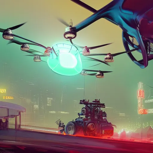 A drone with many blades hovers in the sky.