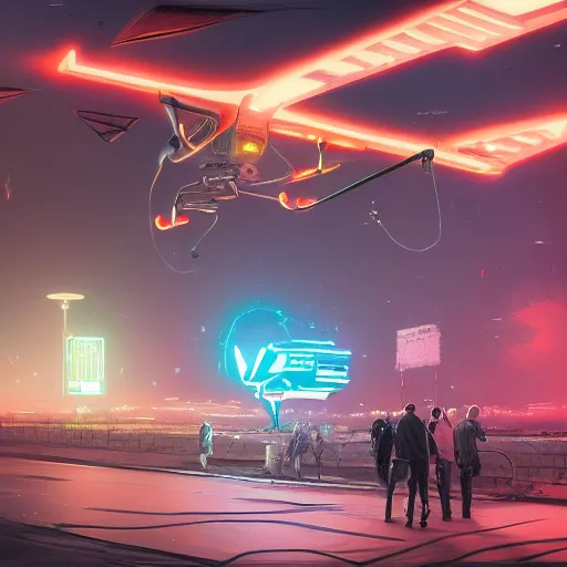 A large glowing drone hovers in the sky. A handful of people watch from a bridge.