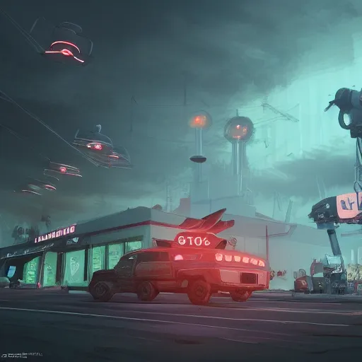 A truck with 6 square tail lights drives past a shop. Drones appear above it.