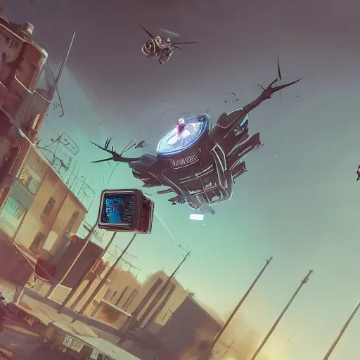 A large drone hobers in the sky.