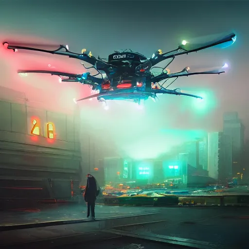 A large 6 armed drone hovers in the center. A cyborg walks under it.