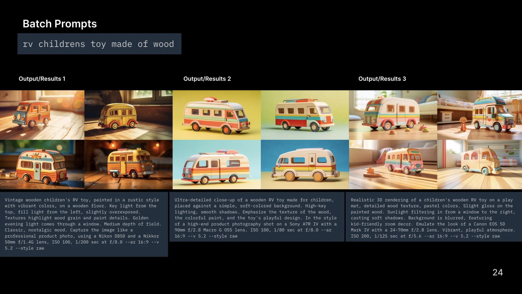 Three example outputs from the prompt "rv childrens toy made of wood."