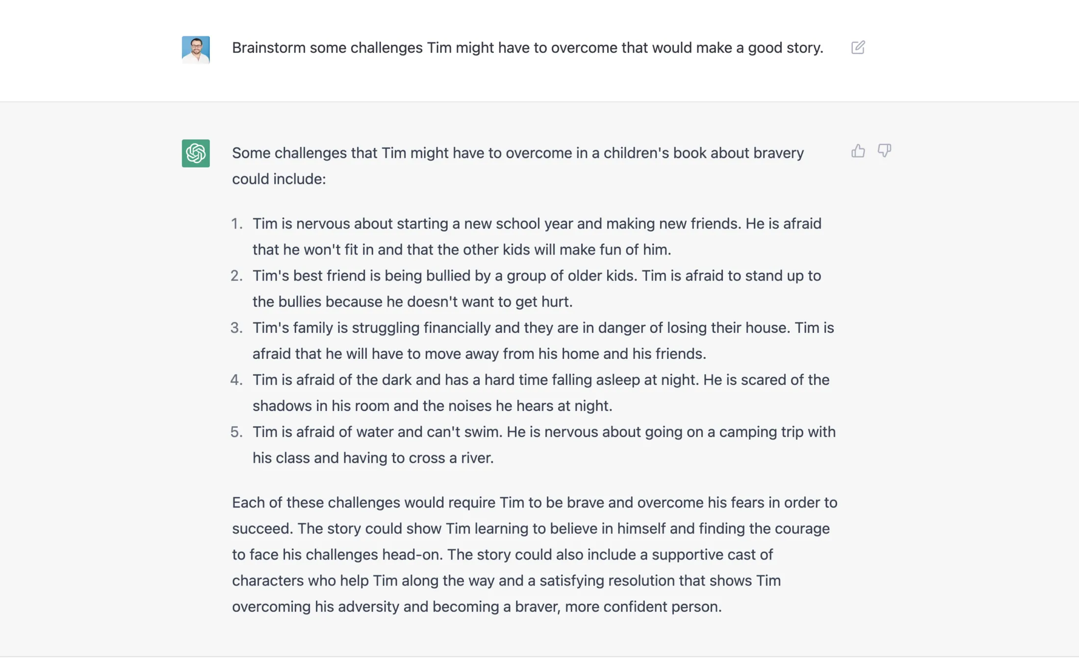 Ask ChatGPT to brainstorm some challenges the main character, Tim, might have to overcome.