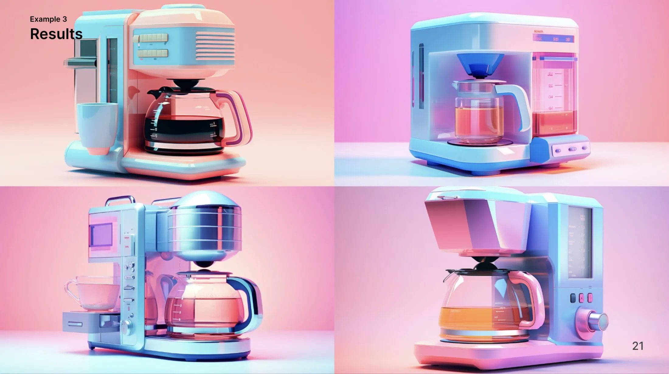 Four coffee makers with a vaporwave aesthetic.
