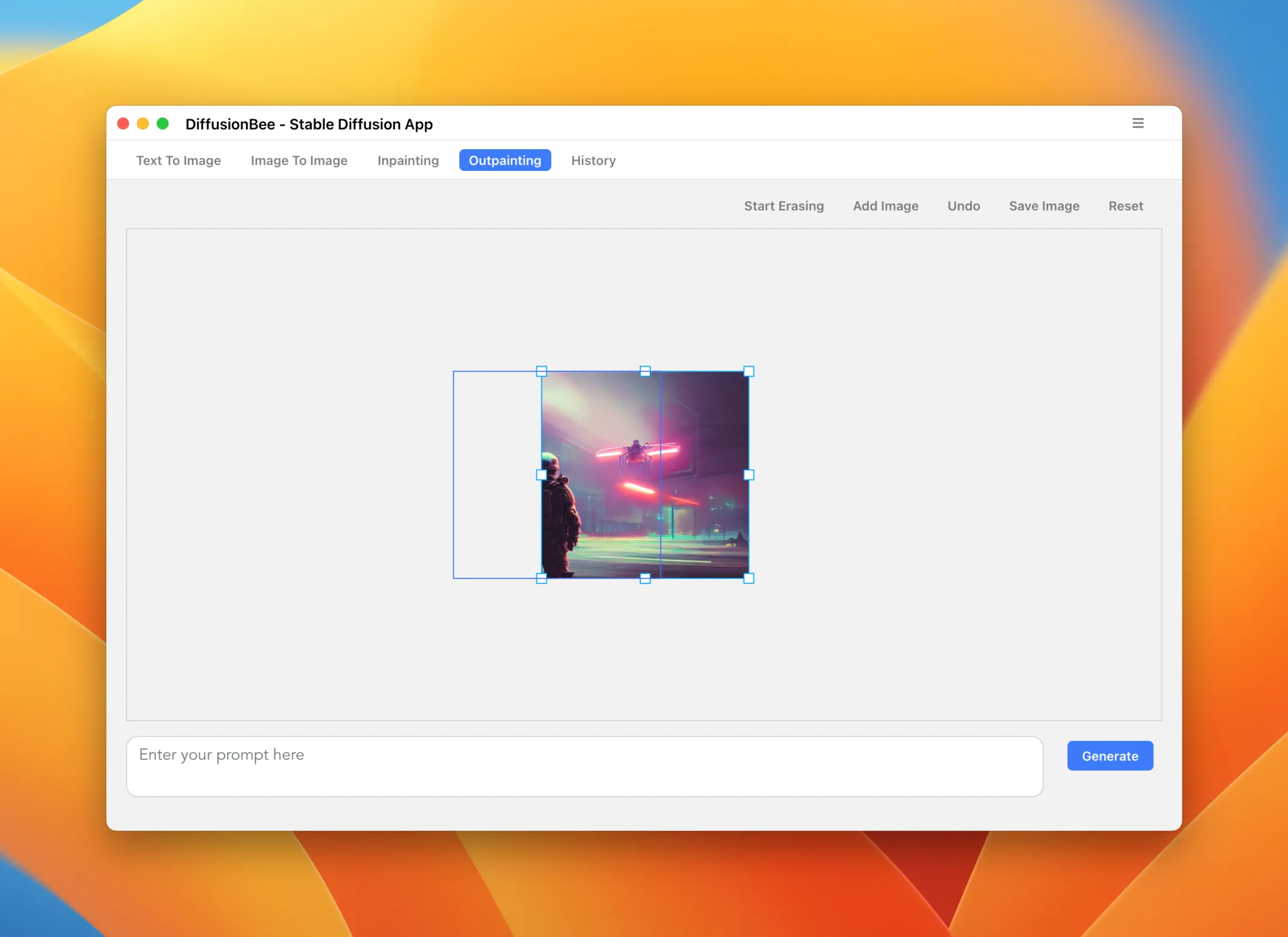 DiffusionBee Outpainting example