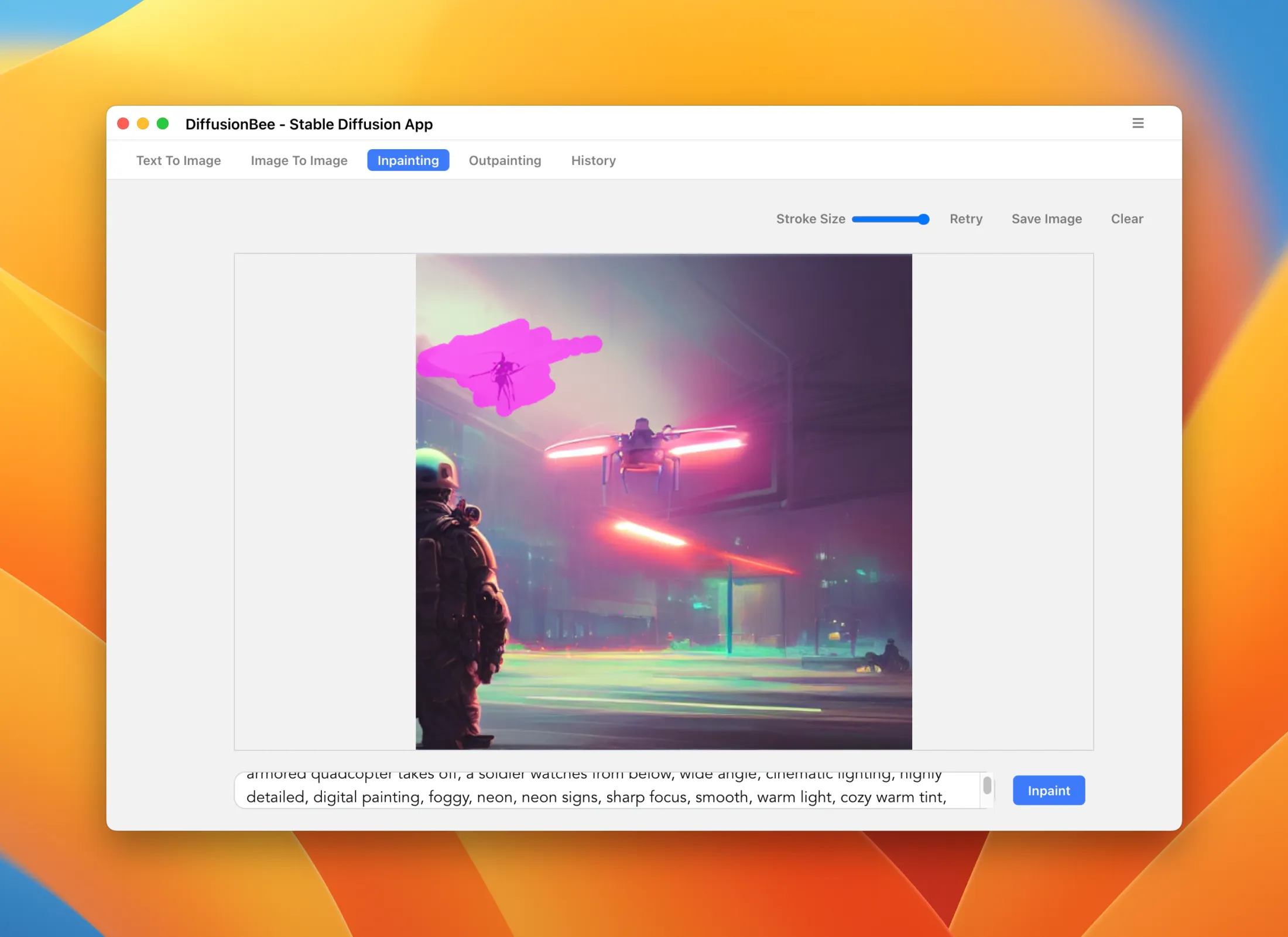 DiffusionBee Inpainting example