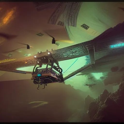 Fantasy drone flying around with dollar bills in the air.
