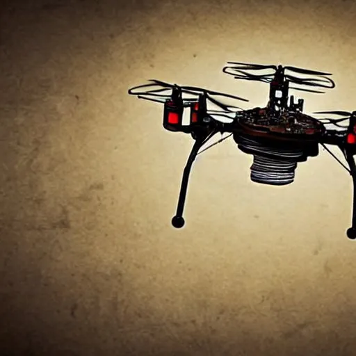 A painting of a quadcopter in a spotlight.