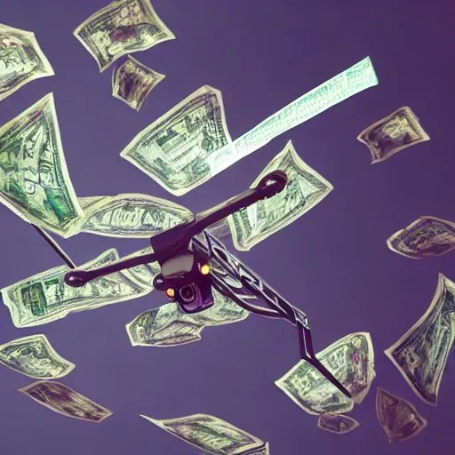 A drone spins in the air with dollar bills in the background.