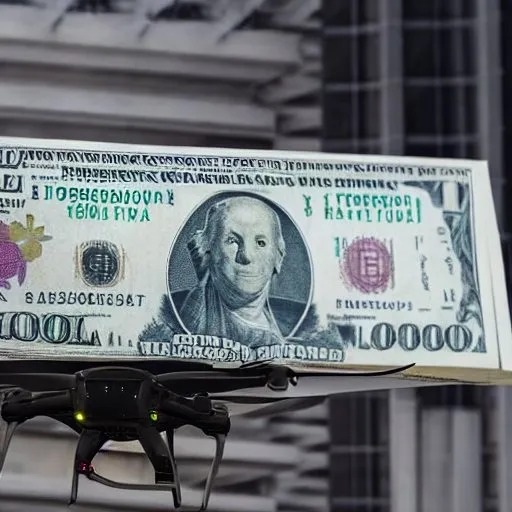 A drone picks up a gigantic $10,000 bill.