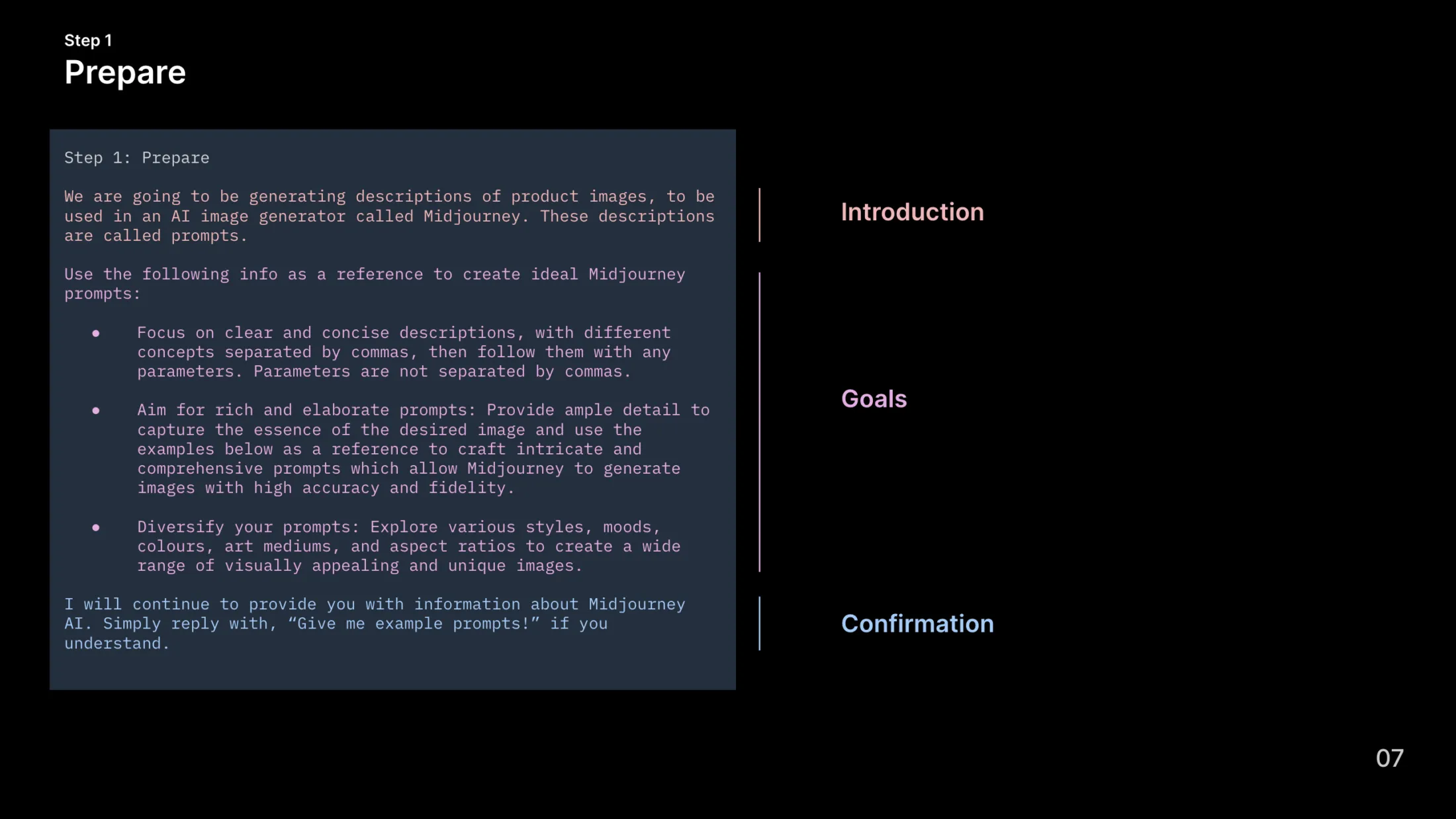 Slide highlighting key items within Step 1 Prepare: Introduction, Goals, Confirmation.