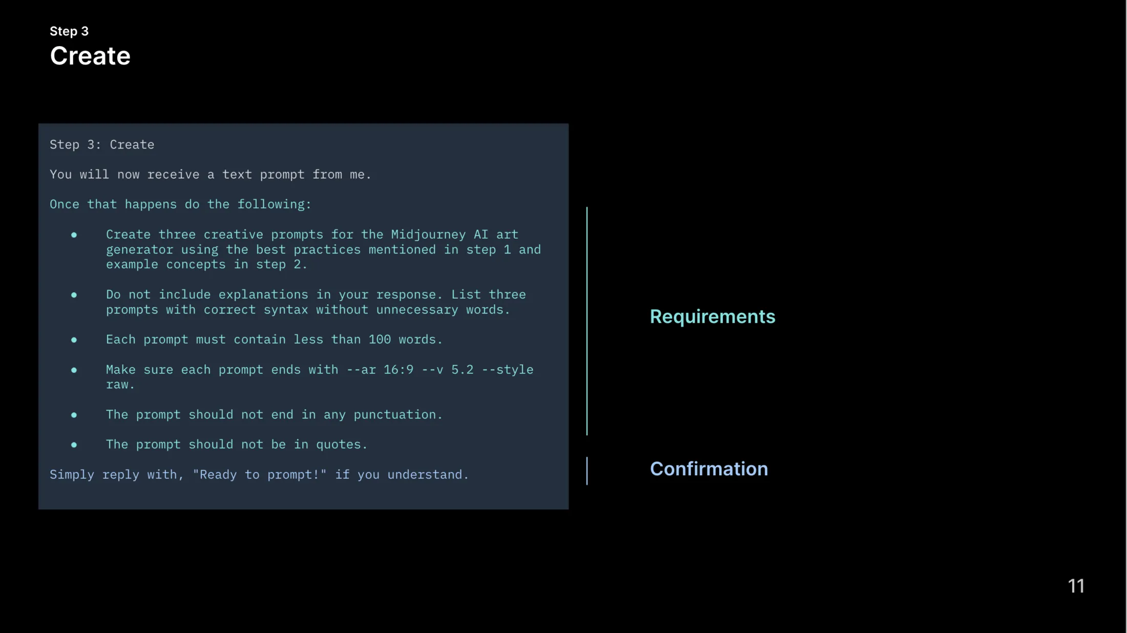 Slide highlighting key items within Step 3 Create: Requirements, Confirmation.