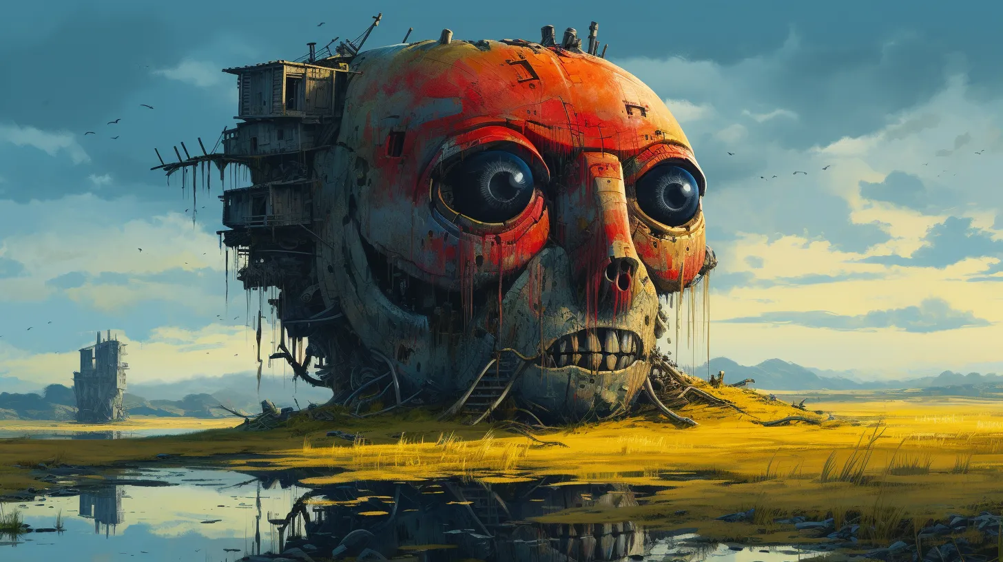 A giant face painted red with shacks growing out the back.