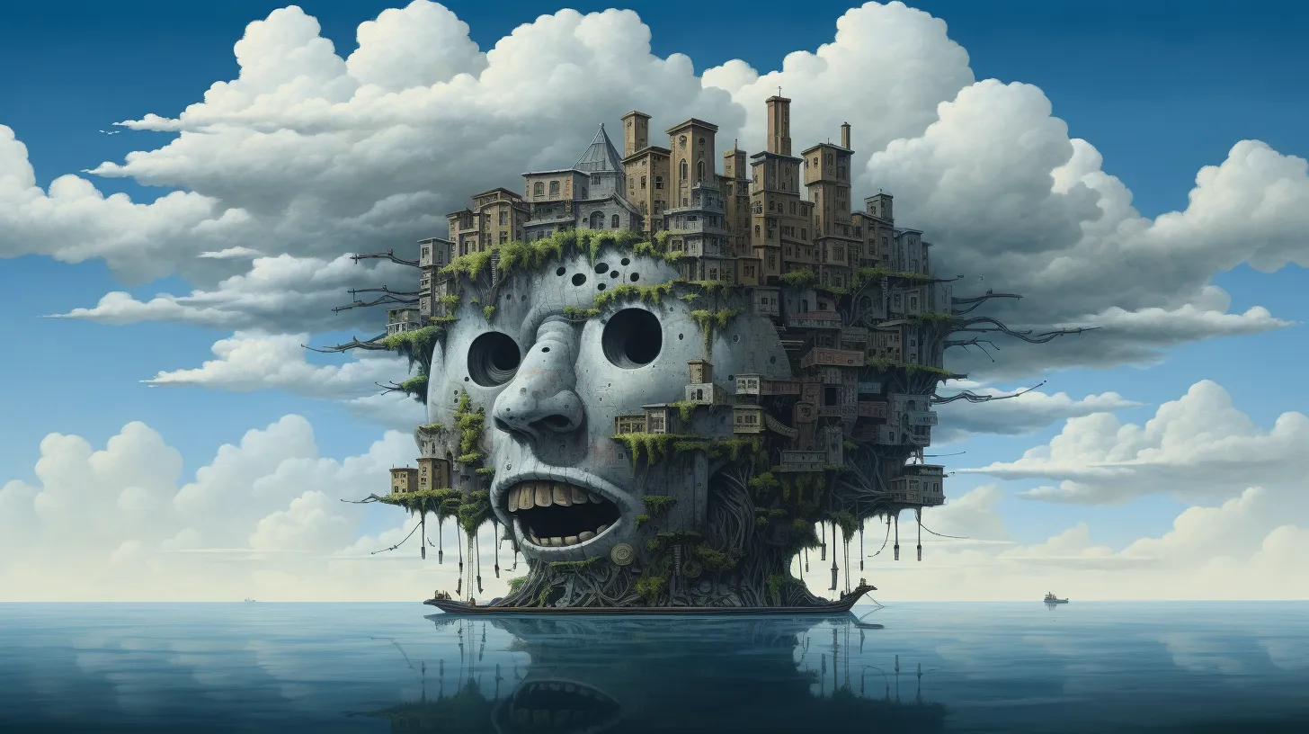 A large blue head with hollow eyes grows out of the ocean. A town sits on top of the head.