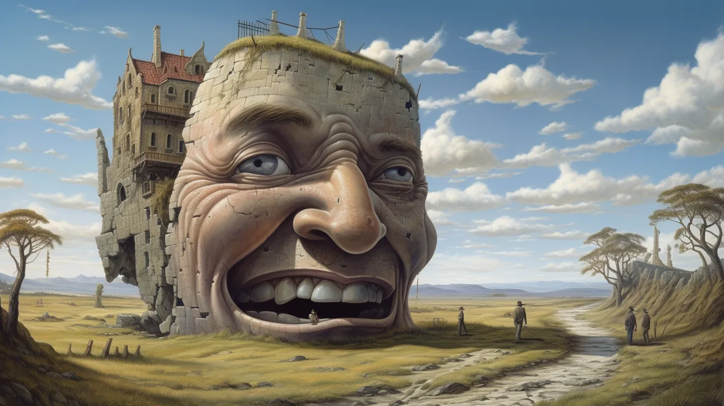 The wrinkled head of an old man with a old house on the back of his head. People walk around the countryside.