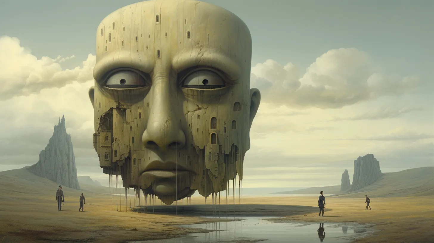 I giant floating head in the desert. The face has small pupils and cheeks made of windows. Sand is leaking from them.