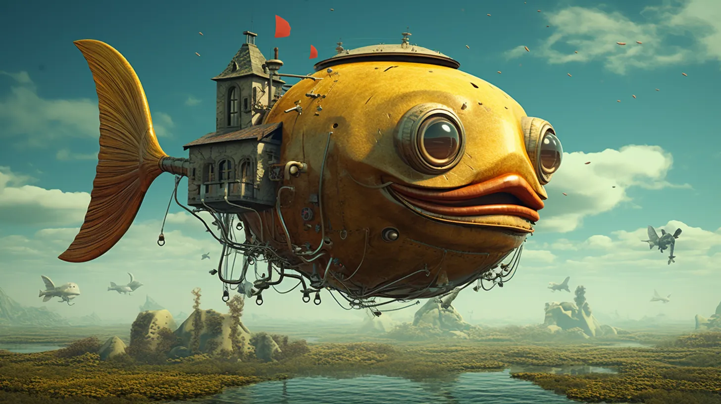 A giant floating fish with a house on it's back.