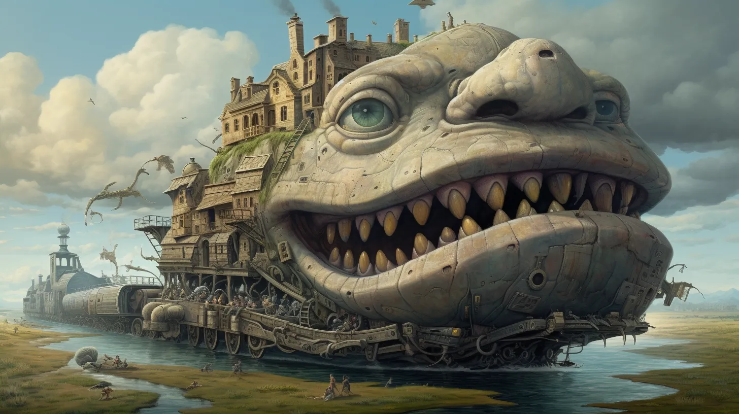 A train boat with a town and a large grinning fave in the front.