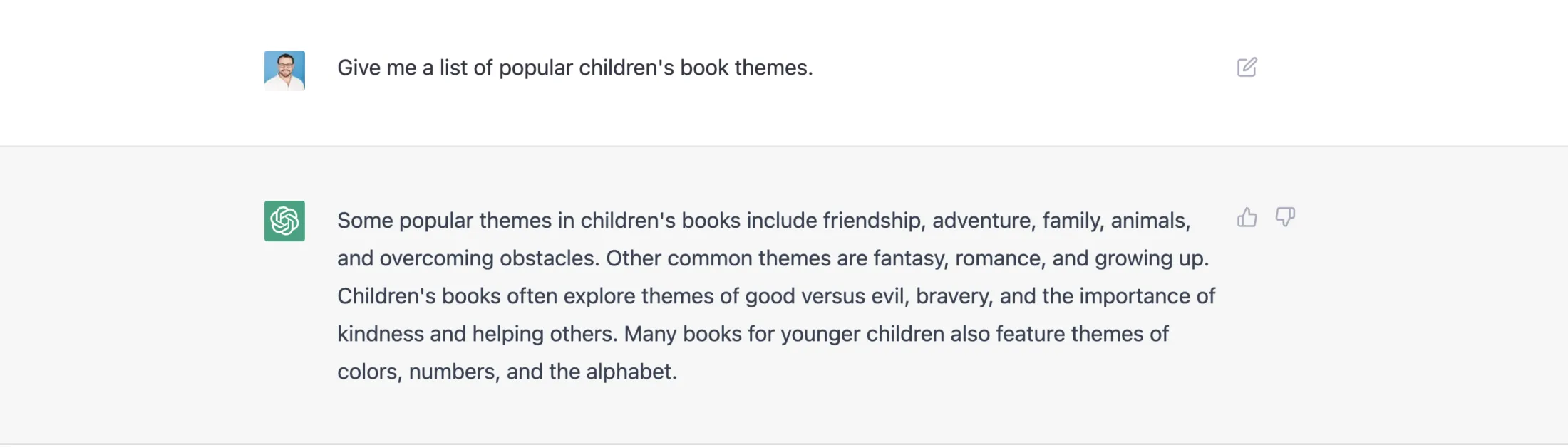 Ask ChatGPT to give a list of popular children's book themes.