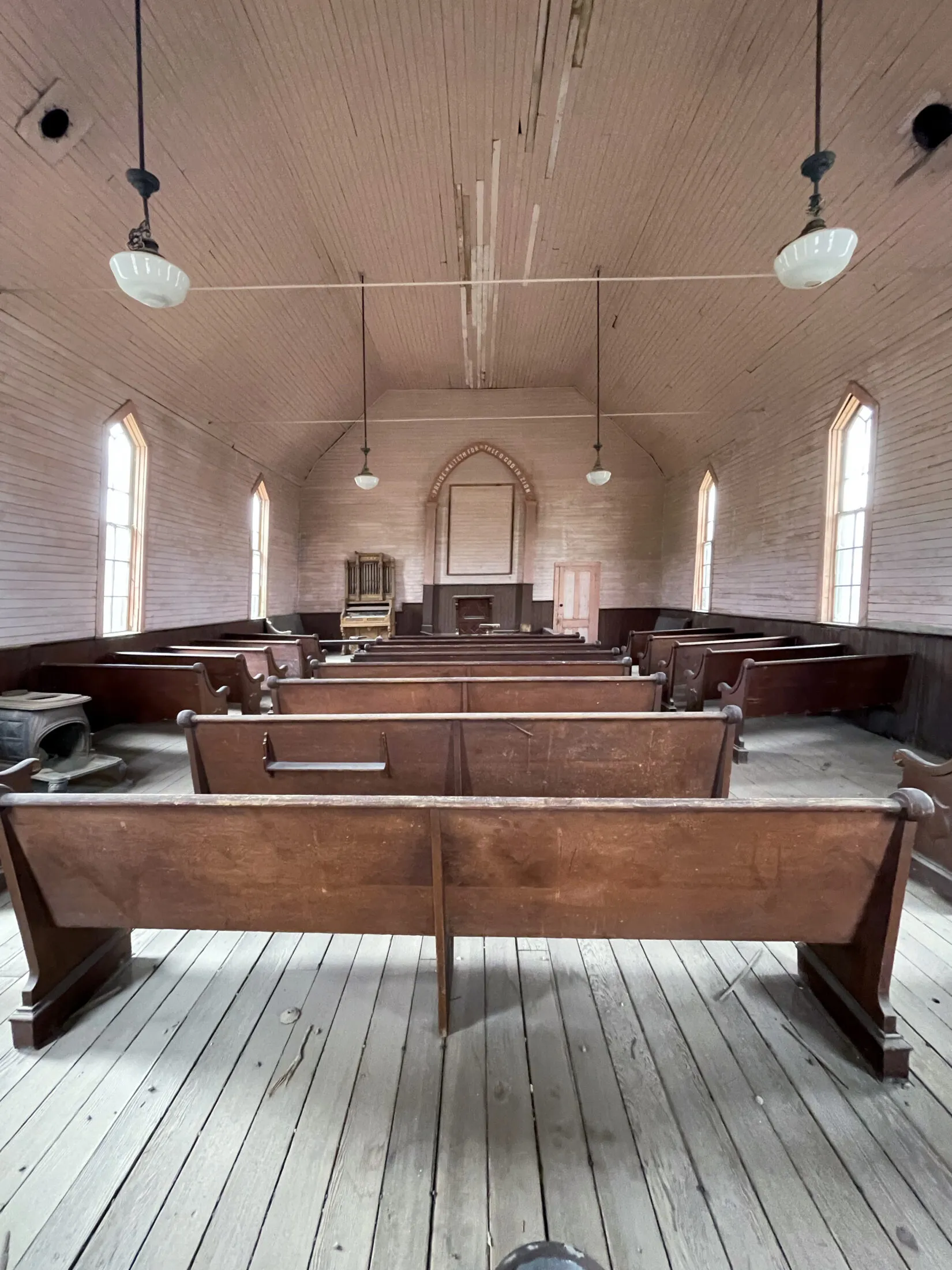 Pews inside and old church.