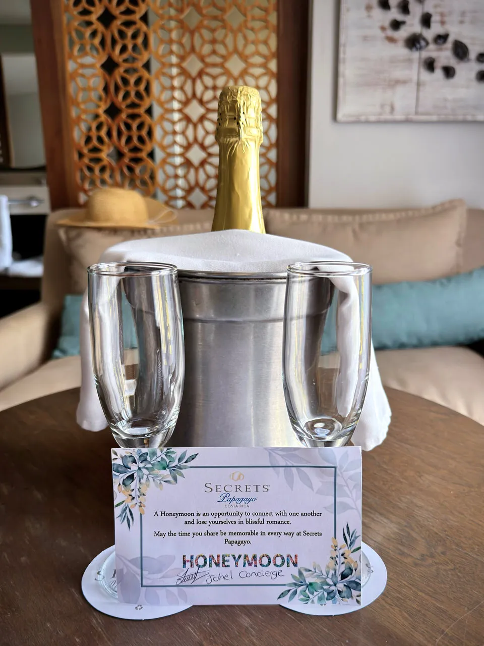 A bottle of champagne delivered to our room.