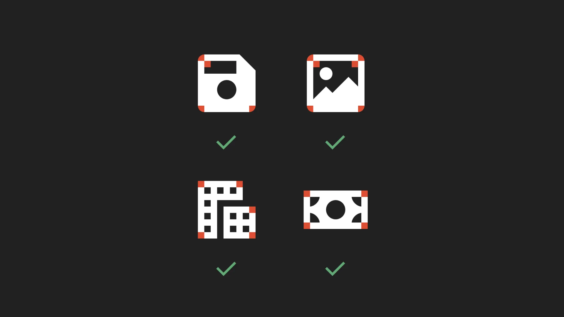 Correct corners for floppy, picture, building and dollar icons.