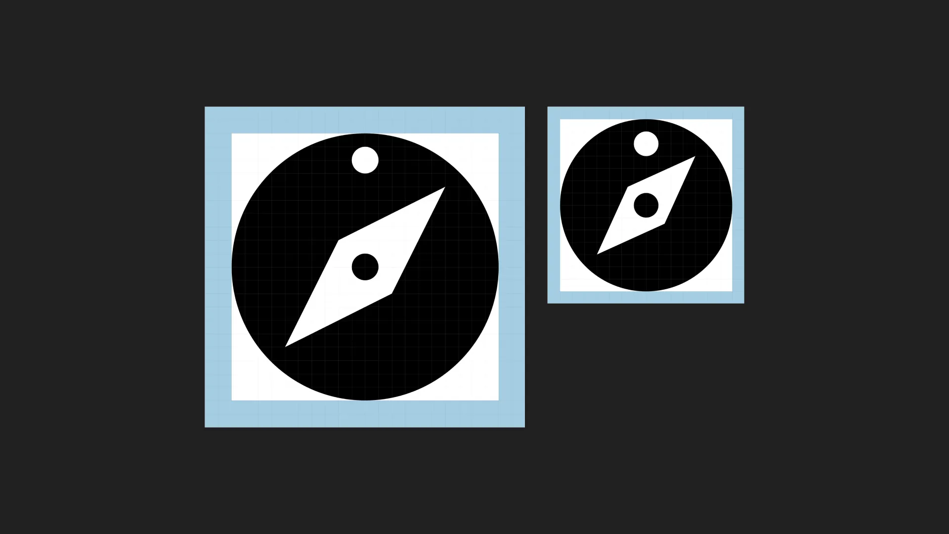 Compass icon showing grid and padding for a 24px icon and a 16px icon.