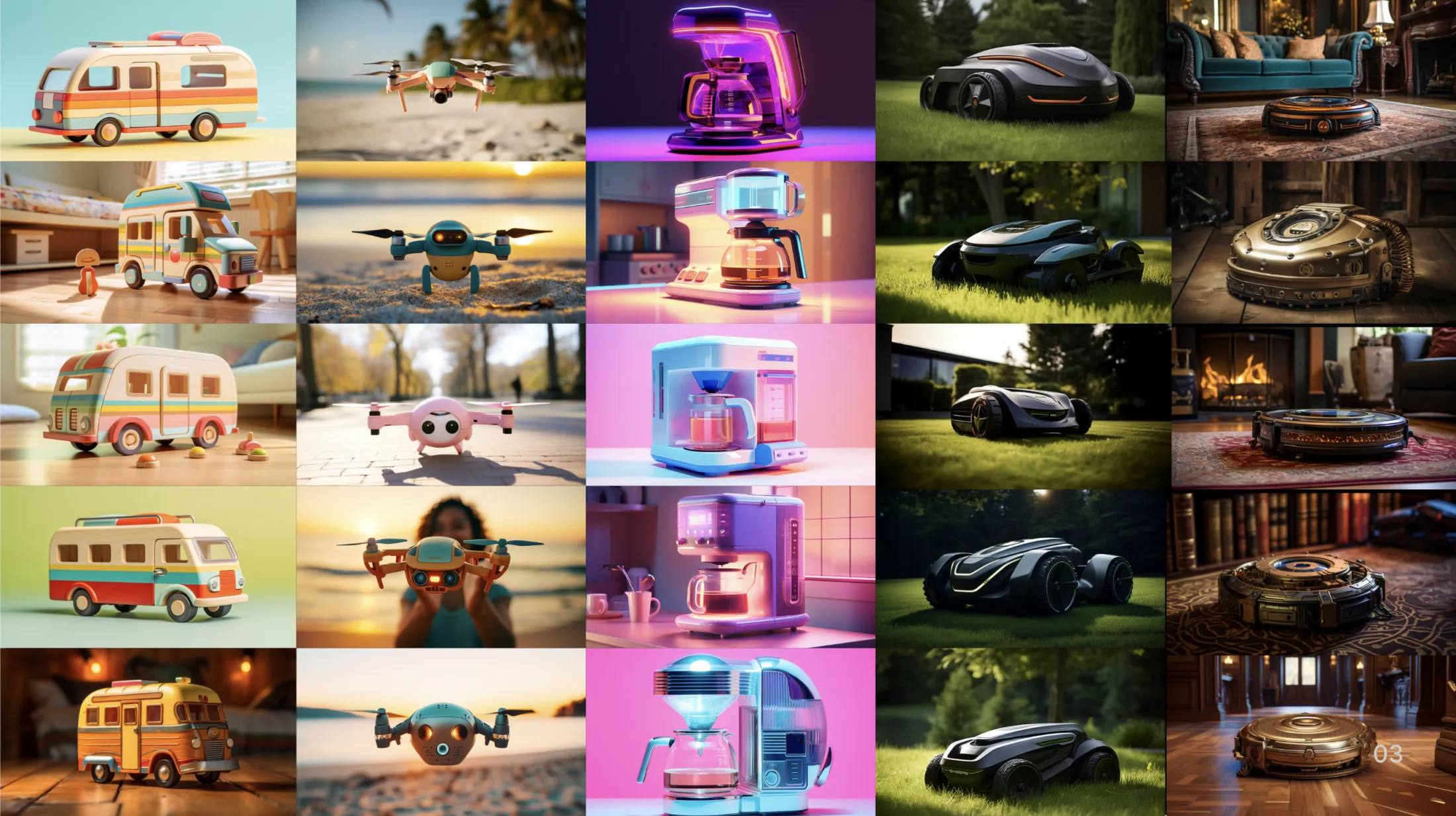 A grid of product images generated using AI. From left to right: a wood toy Rv, a selfie drone, a vaporwave coffee maker, a robot lawnmower and a steampunk robot vacuum.
