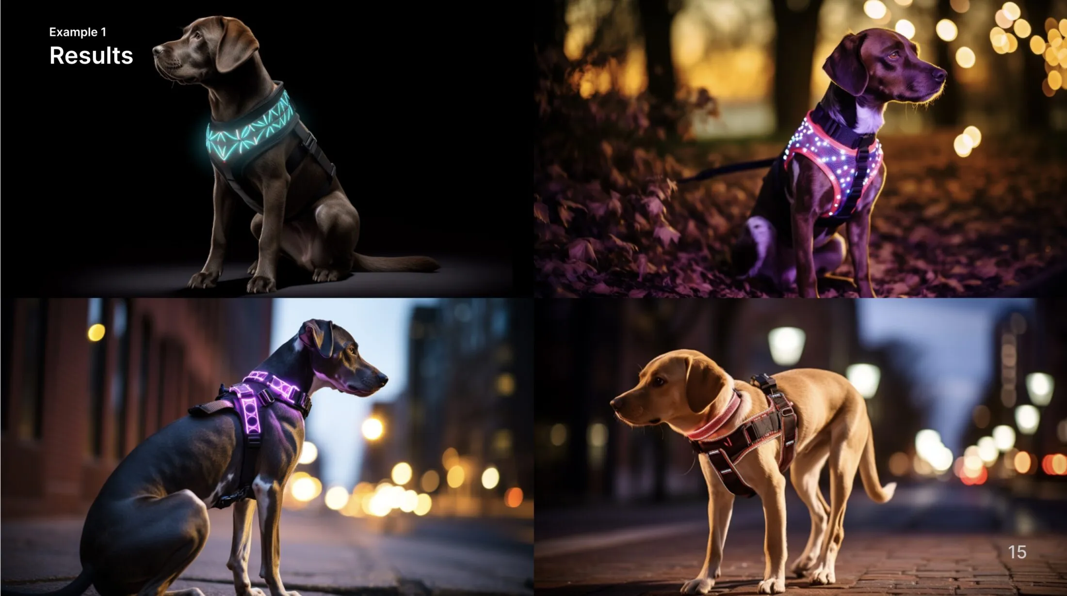 Four images of dogs wearing light-up harnesses.