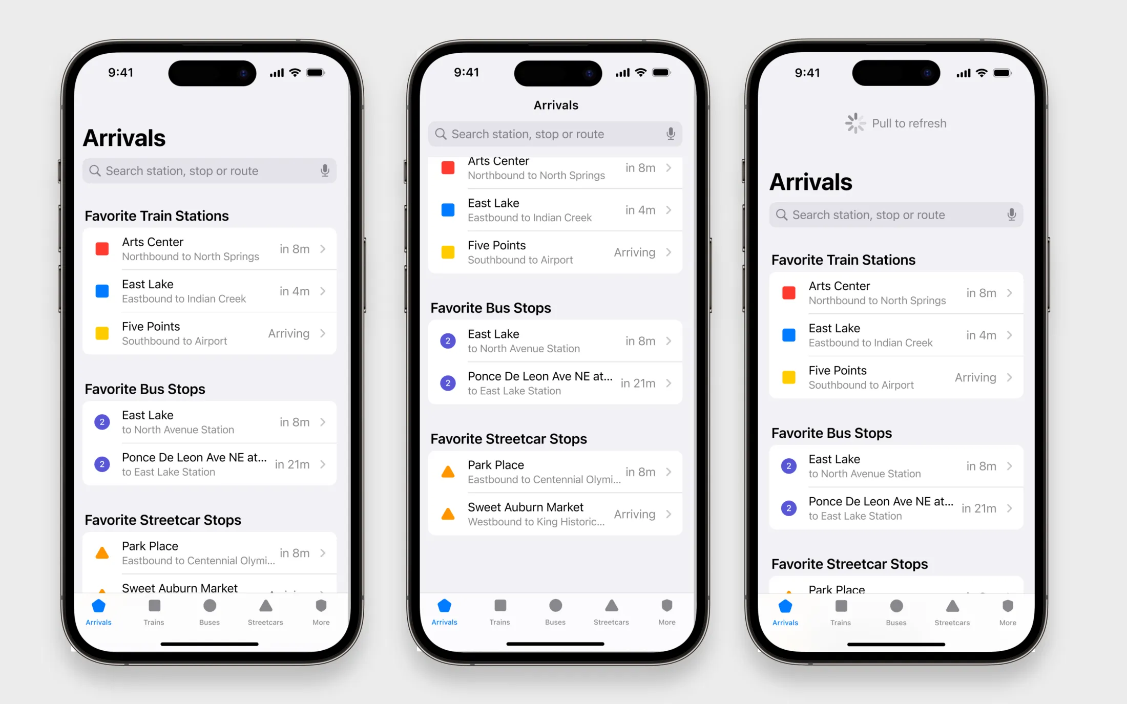 MARTA concept app Arrivals page.